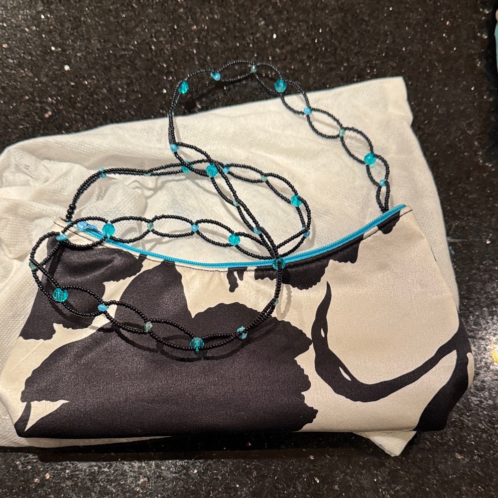 PRICE DROP40.❤️Black and Cream Silky Floral Bag with Beaded Strap
